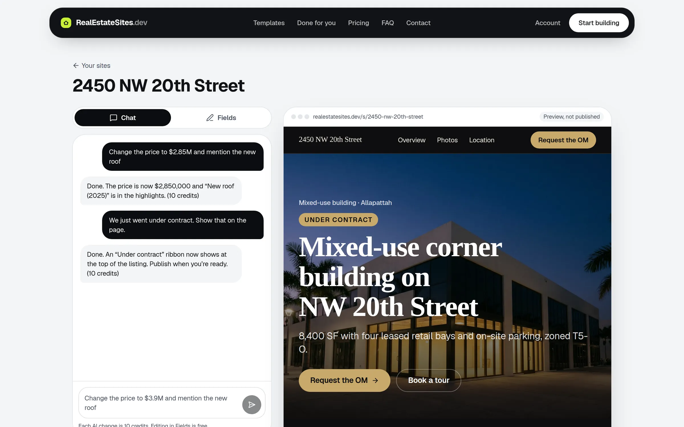RealEstateSites.dev chat editor updating a listing website
